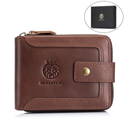 SCHLATUMThe first layer of cowhide RFID anti-theft brush leather wallet retro men's short horizontal money clip