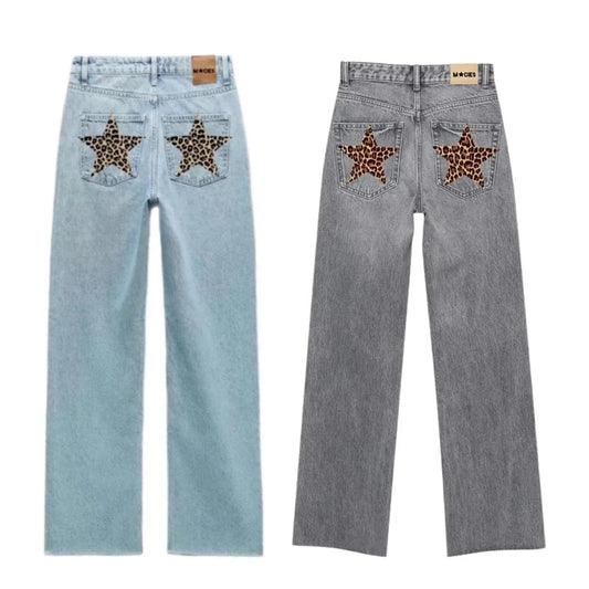 Womens American Leopard Five Pointed Star Jeans Y2K Harajuku Hip Hop Embroidery Retro Blue Baggy Jeans High Waist Slim Pants