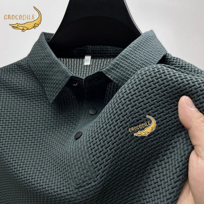 Summer Men's Embroidered CROCODILE Silk Hollow Knitted Short Sleeved Polo Shirt Korean Luxury Fashion Casual Breathable Top