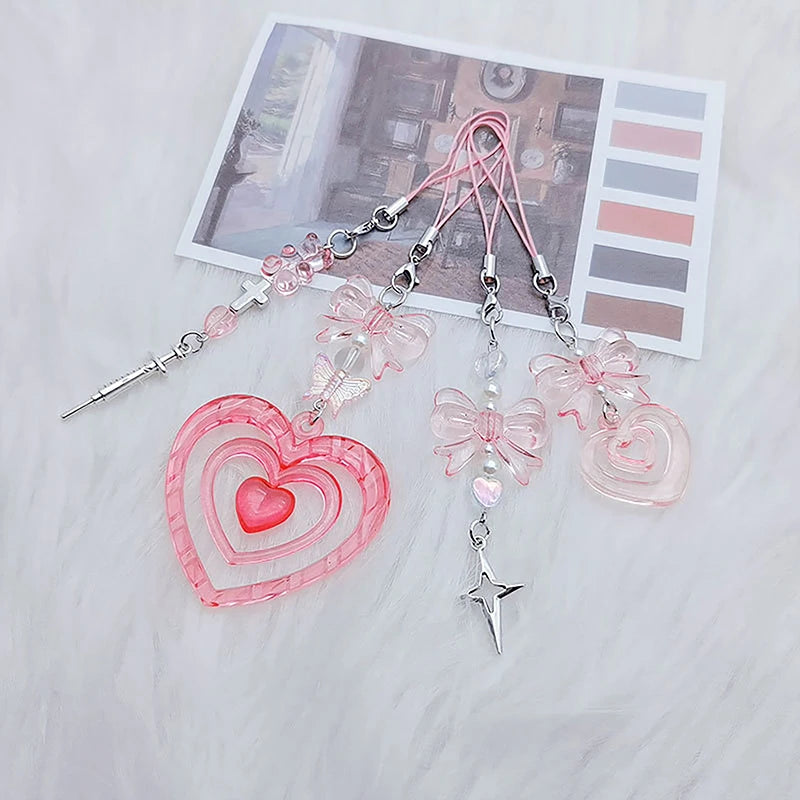 New Pink Y2K Phone Pendant Kawaii Women Love Bow Cartoon Charms Chain For Keys Bags Accessories Charms Phone Lanyard