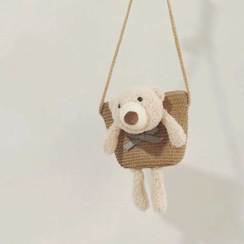 Cute Bear Girl's Shoulder Bags Colorful Straw Children's Messenger Bag Princess Mini Bow Handbag Crossbody Child Girl Coin Purse