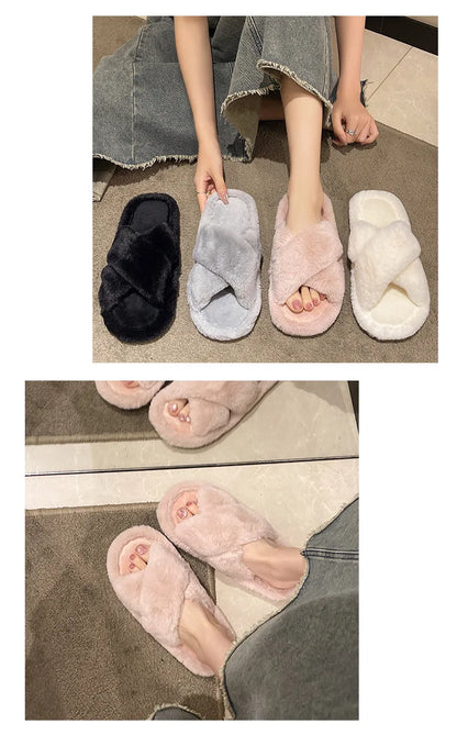 Casual Fluffy Slippers Women House Flats Plush Designer Platform Winter Shoes Girls Elegant Warm Home Fashion Popular Footwear