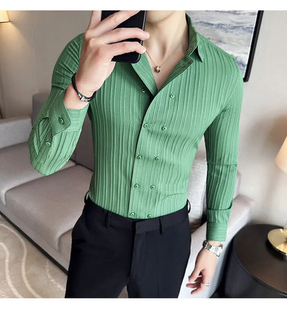 British Style Men Double Breasted Shirt 2023 Autumn New Long Sleeved Striped Slim Fit Shirts Formal Business Social Party Tuxedo