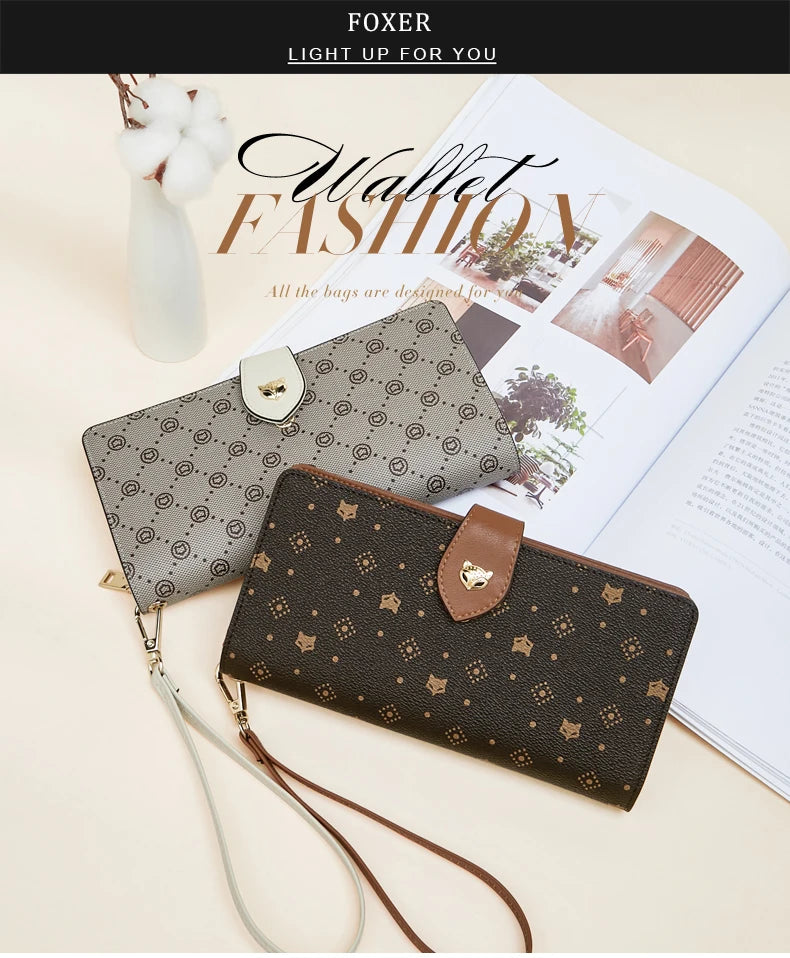 FOXER Women's Long Wallet Card Holder Stylish Money Bag Ladies Monogram Design PVC Leather With Wriststrap Bag Female Coin Purse