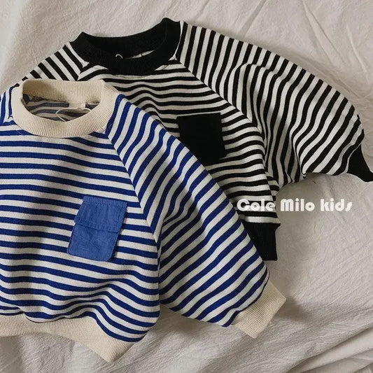 Frühling Herbst Streifen Langarm Sweatshirt Kinder Jungen Lose Fledermaus Ärmel Tops Mädchen Baby Jungen Kleidung