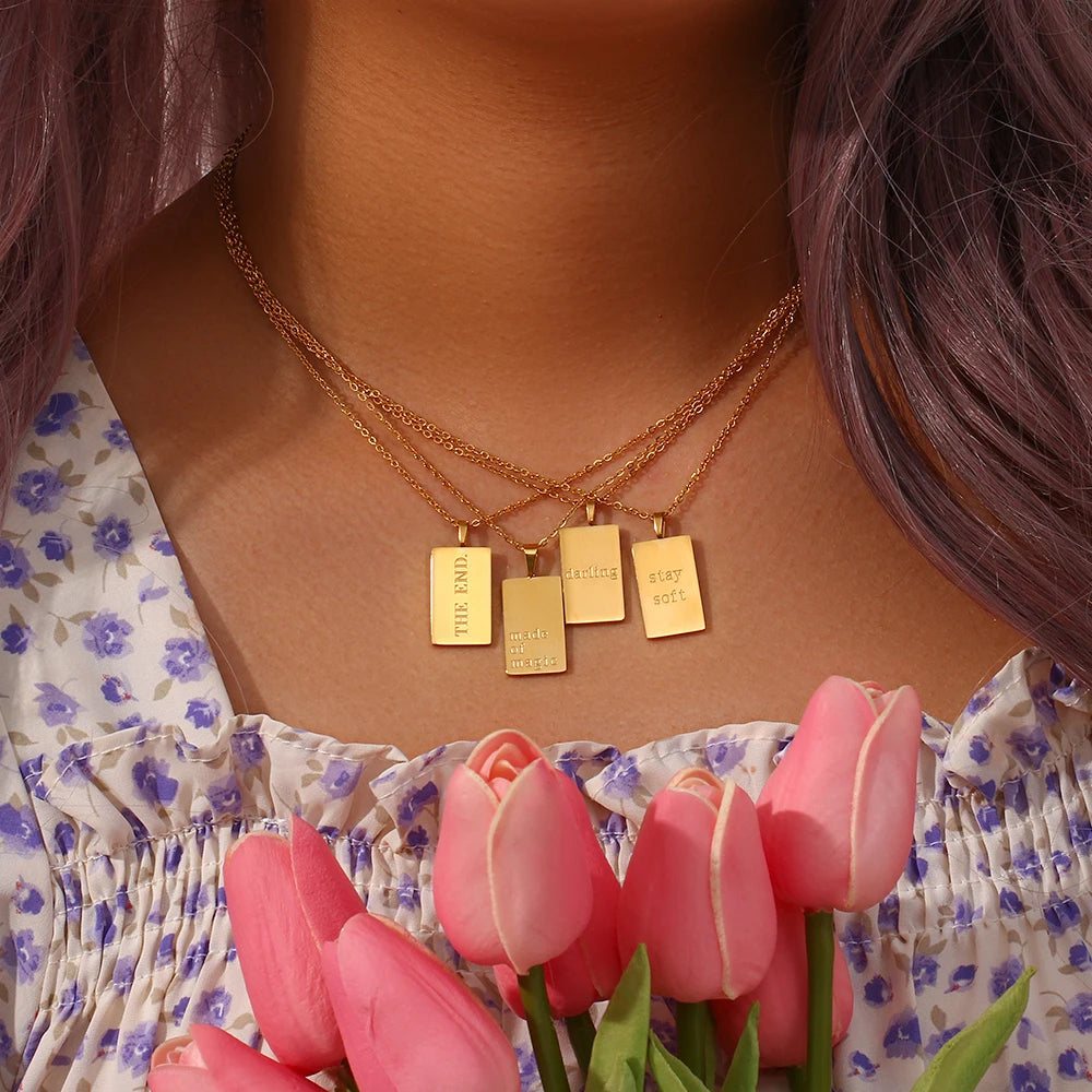 E.B.belle Individuality MessageTarot Necklace Stainless Steel 18k Gold Plated Tarnish Free Square Geometric Gold Necklace