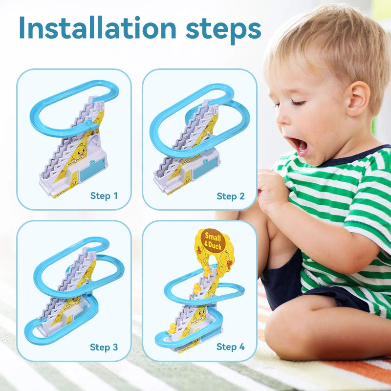 Kid Diy Small Duck Penguin Electronic Climbing Stairs Track Toy Light Musical Slide Track Coaster Toy Educational Fun Toys Gifts