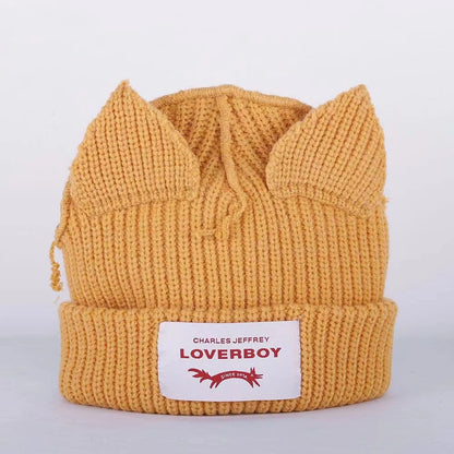 2023 Loverboy Cat Ear Knit Hat solid Warm Pig Ear Woolen Hat Cute Fashion Hooded Cap Niche Design Hip-hop Personality Cold Hat