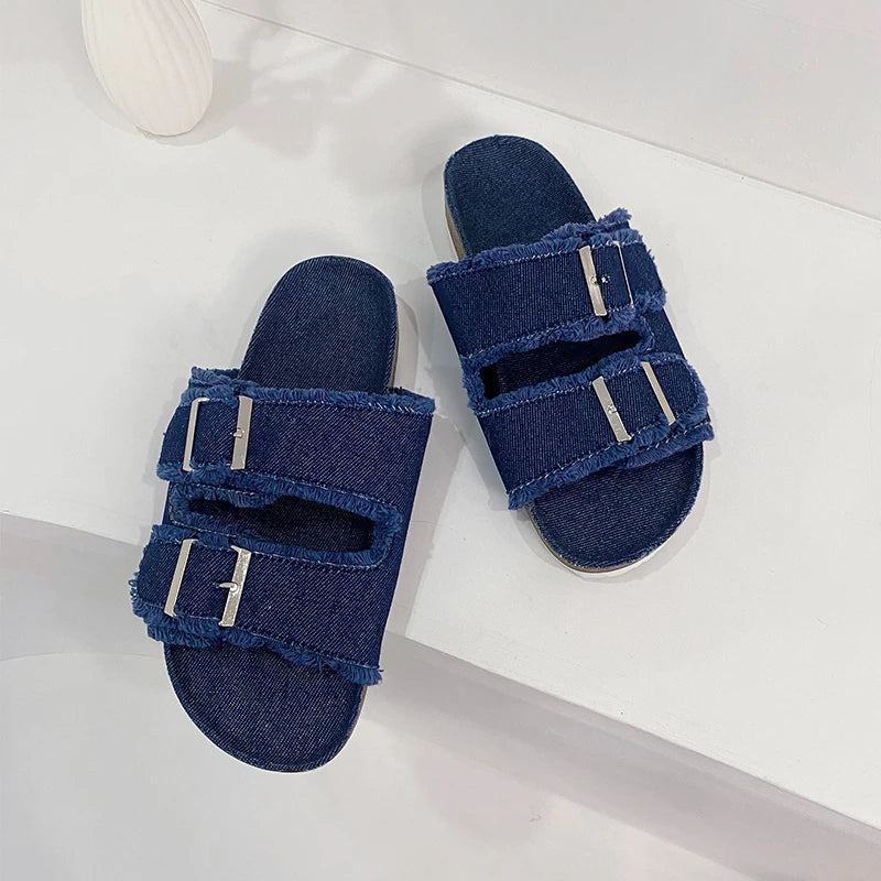 Women's Slippers Flat Bottom Slipper 2023 Summer New Line Slippers Large 43 Denim Leather Buckle Outside Sandals Sandalias