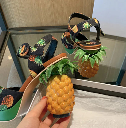 Summer Pink Pineapple Print Open-toe Platform Sandals Sweet Women High-heel Buckle Strappy Women Shoes Lovely Sandalias Mujer