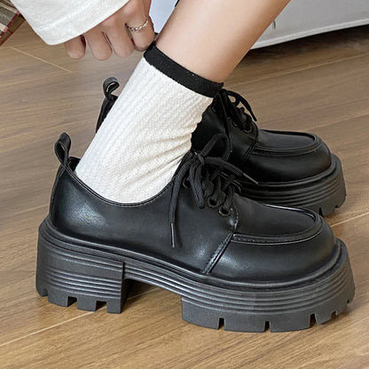 Lucyever Patent Leather Platform Loafers Women 2023 Preppy Style Lace Up Oxford Shoes Woman Black Thick Bottom Y2K Shoes Female