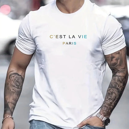 Men's Summer Loose Fit  100 Polyester cest La Vie PrintT-shirt Tops