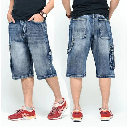 Men's Wide-leg Denim Shorts Multi Pocket 7 Point Work Cargo Jeans Shorts Fat Plus Size Denim Shorts Male