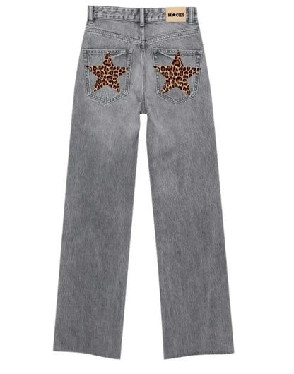 Womens American Leopard Five Pointed Star Jeans Y2K Harajuku Hip Hop Embroidery Retro Blue Baggy Jeans High Waist Slim Pants