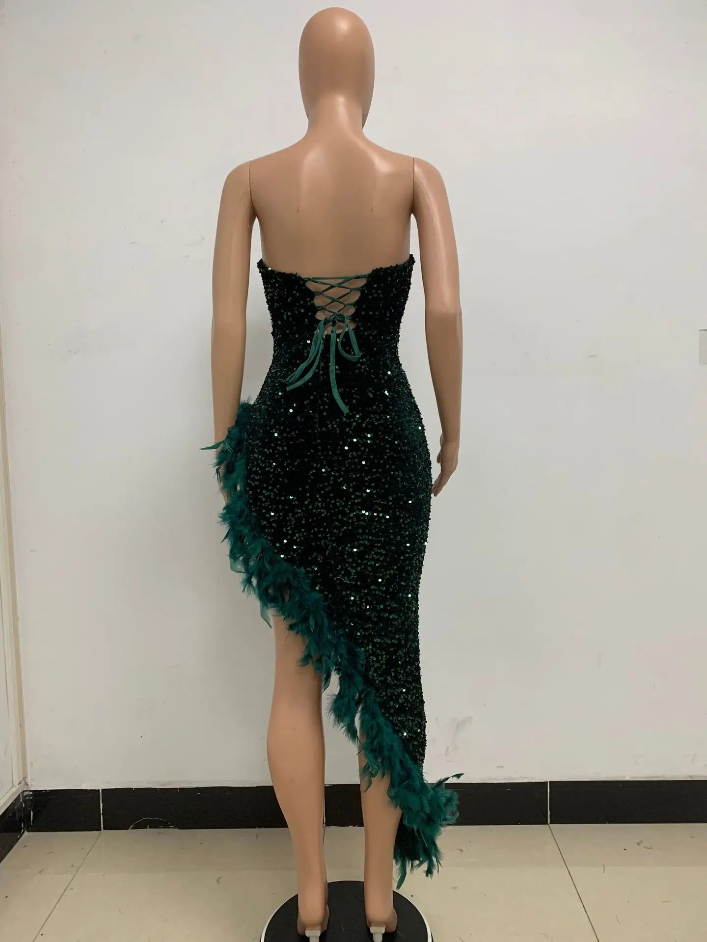 Women Evening Dresses Asymmetrical Shiny Sequins Feather Cocktail Party Dress Sexy Strapless Long Formal Prom Dresses Xiny189