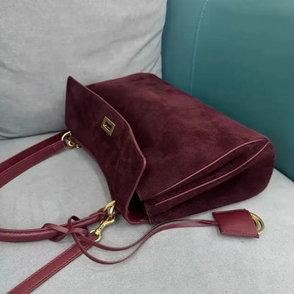 Burgundy Genuine Leather Luxury Shoulder Bag Suede High Quality Large Capacity Casual Crossbody Tote Handbag Ladies Purse