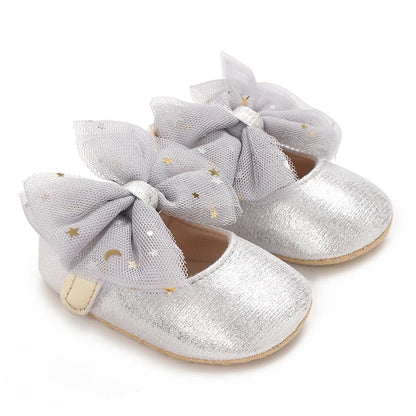 Silver Princess Shoes 0-18M Newborn Casual Shoes Baby Bow Non slip Cloth Bottom Flat Bottom PU Newborn Bow Decoration Mary Janes