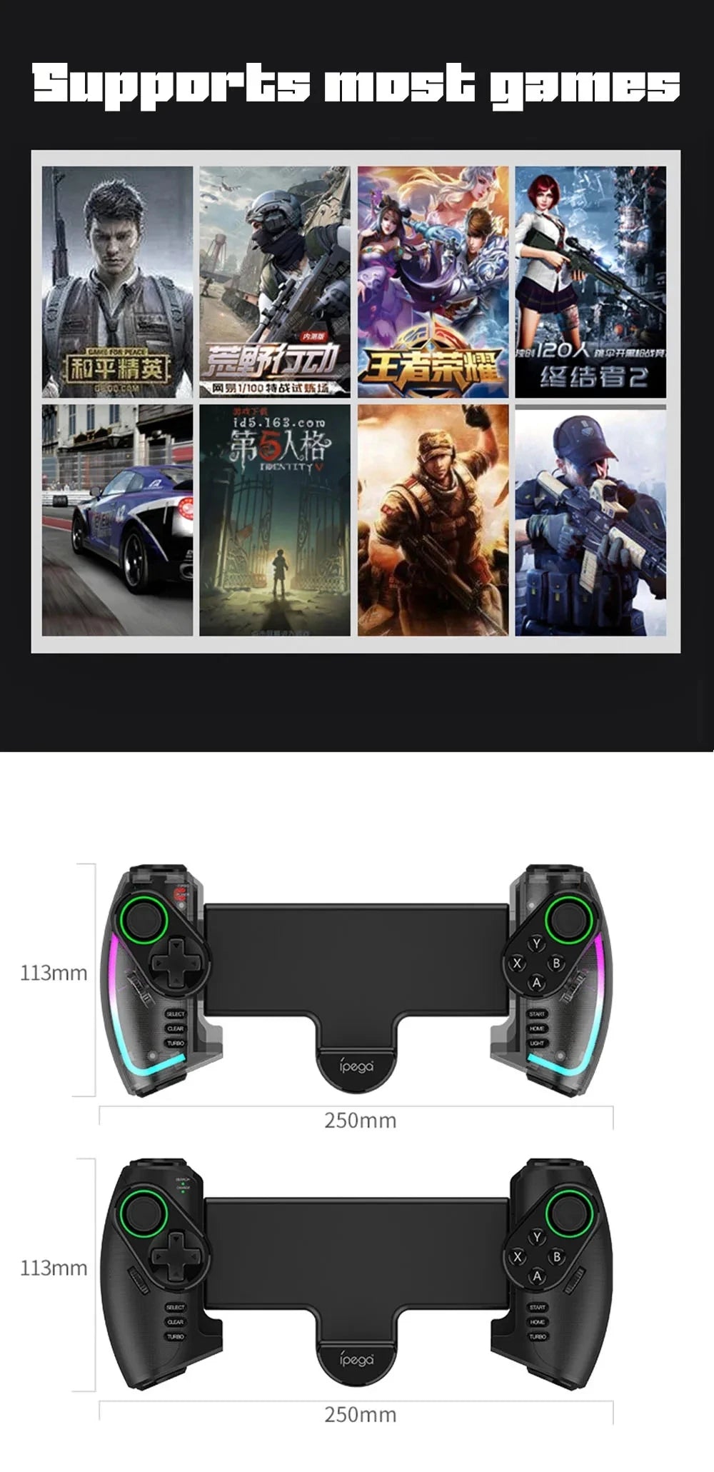 Ipega PG-9777S Bluetooth-Gamepad für Nintendo Switch Android iOS iPad PC mit dehnbarem RGB-Licht-Controller mit linearer Vibration