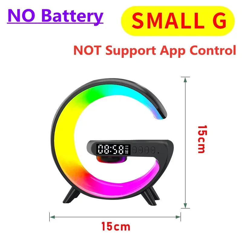 Drahtloses Ladegerät-Ständer-Pad, RGB-Nachtlicht, Wecker, Bluetooth-Lautsprecher für iPhone, Samsung, Kopfhörer, schnelle Ladestation