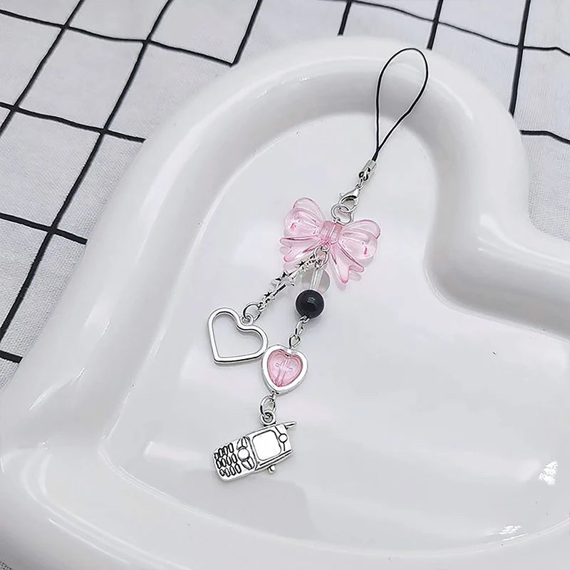 New Pink Y2K Phone Pendant Kawaii Women Love Bow Cartoon Charms Chain For Keys Bags Accessories Charms Phone Lanyard