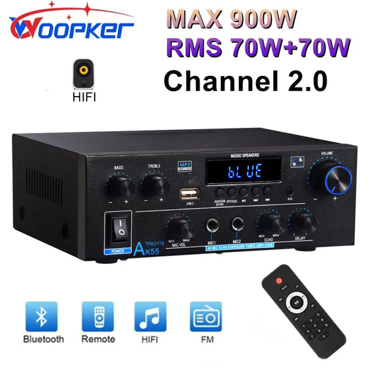 Woopker Digital Amplifier AK55 Audio Bass Audio Power Bluetooth Home Amplifier Hifi FM Auto Music Subwoofer Speakers USB SD Mic