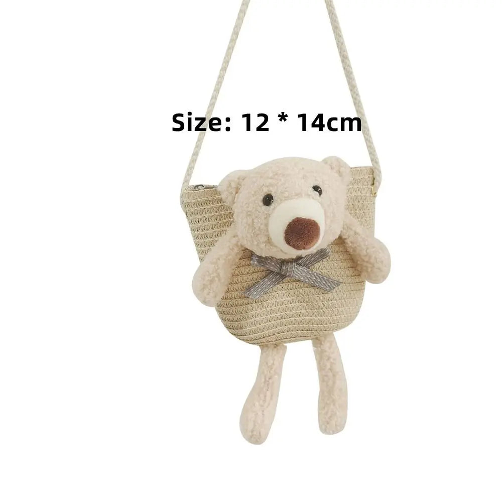 Cute Bear Girl's Shoulder Bags Colorful Straw Children's Messenger Bag Princess Mini Bow Handbag Crossbody Child Girl Coin Purse