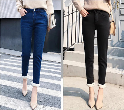 Winter Fleece Lined Denim Pencil Pants Women Thicken Warm Lamb Fluff Jeans High Waist New Slim Vaqueros Big Size 34 Kot Pantolon