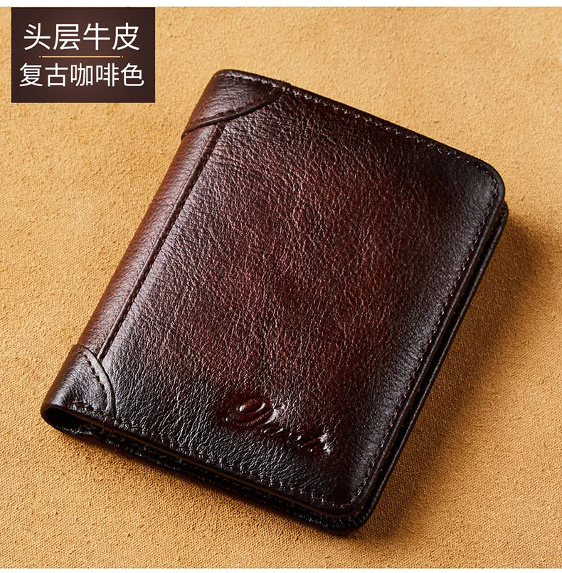 Dante Leather Men's Wallets RFID Anti-theft Brush Degaus Head Layer Cowhide Retro Casual Vertical Money Bag Money Two fold Clips