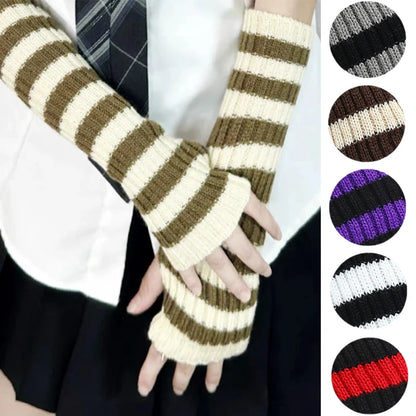 Women's Knitted Fingerless Arm Sleeves Gothic Style Striped Winter Long Arm Warmers Girls Harajuku Y2K Fashion Wrist Gloves