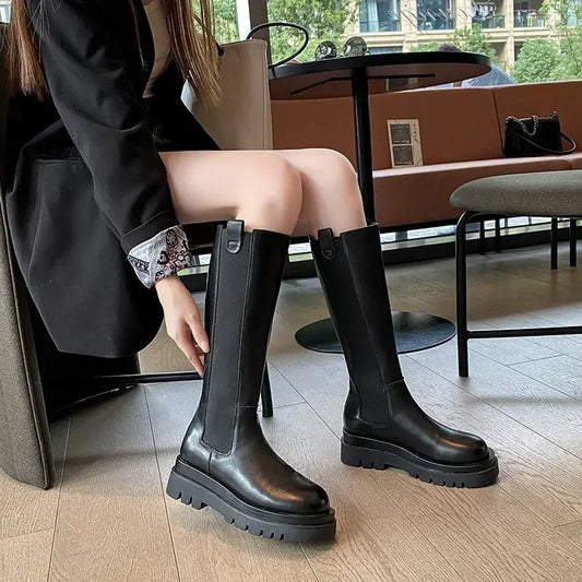 Ladies Shoes 2024 Knee-High Women's Boots Platform Modern Boots Women Sewing Round Toe Back Zip Med Heel Shoes Female Zapatos