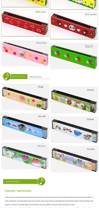 16 Holes Cute Harmonica Musical Instrument Montessori Educational Toys Cartoon Pattern Kids Wind Instrument Gift for Boy Girl