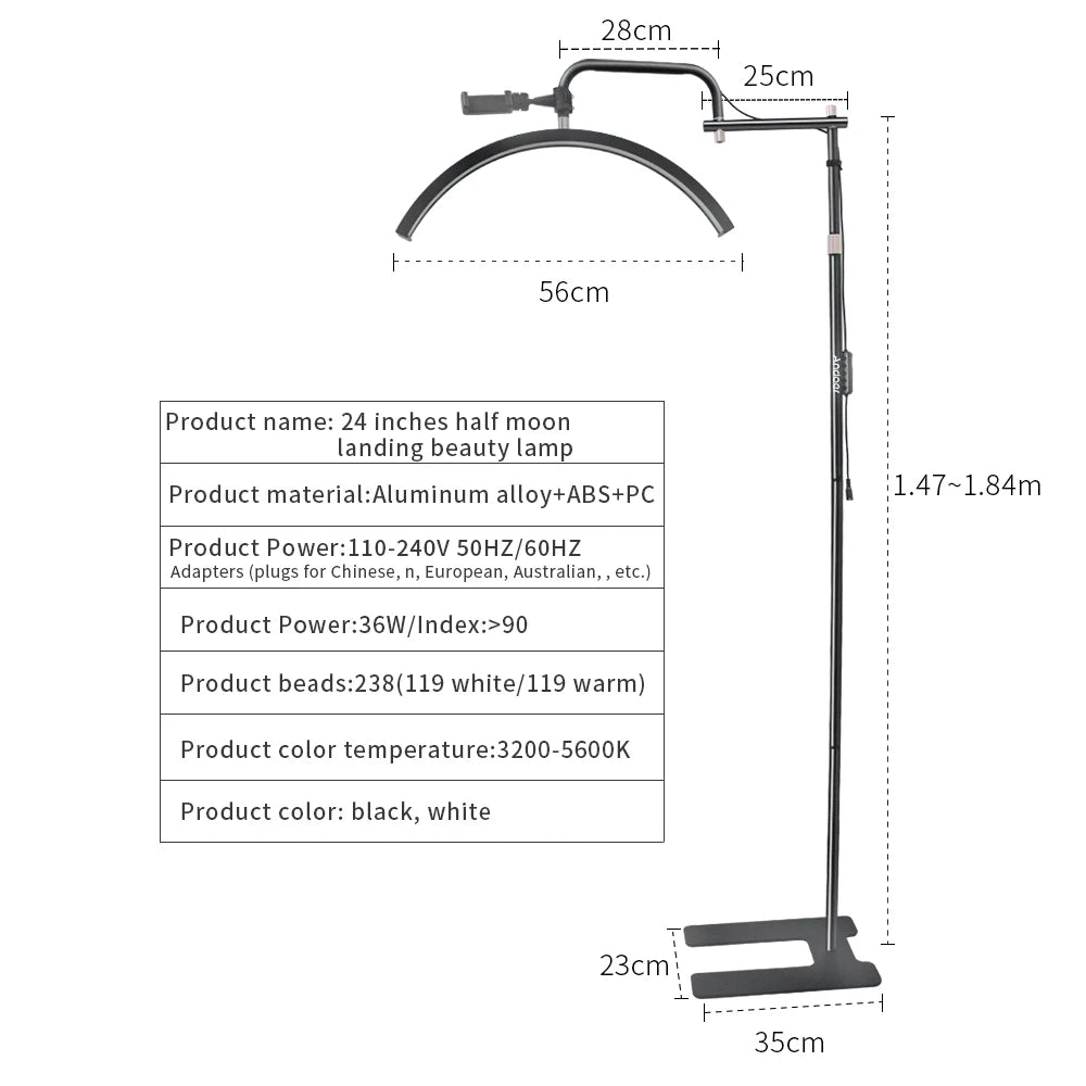 Andoer HD-M6X Half-moon Fill Light 36W Floor LED Video Light 3200K-5600K Dimmable with 180cm Stand for Makeup Live Streaming