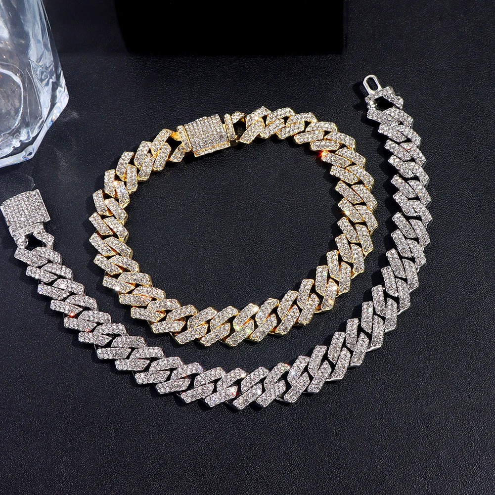 Braccialetti a catena cubana con maglie a griffe ghiacciate da 14 mm per uomo e donna, con strass pieni, braccialetto cubano Miami spesso, punk, hip hop, regalo