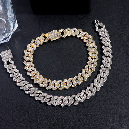 14MM Iced Prong Link Cuban Chain Bracelets for Men Women Full Rhinestones Chunky Miami Cuban Bracelet Punk Hip Hop Jewelry Gift