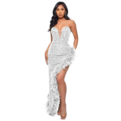 Women Evening Dresses Asymmetrical Shiny Sequins Feather Cocktail Party Dress Sexy Strapless Long Formal Prom Dresses Xiny189