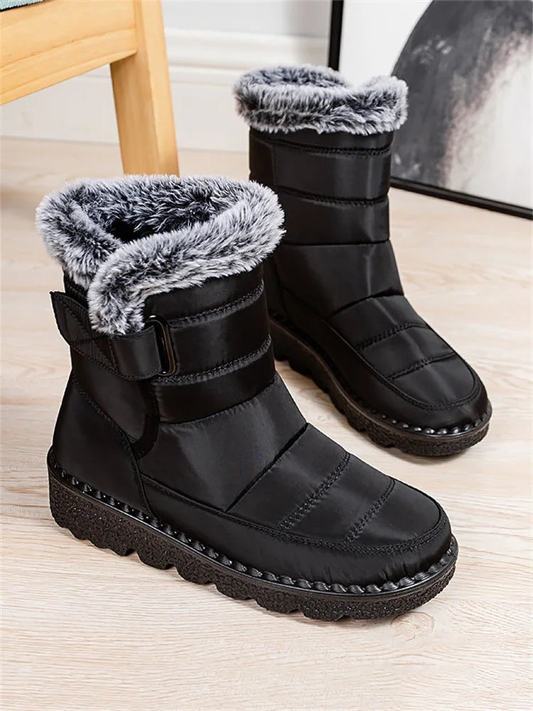 Msfilia Women Autumn Winter Rabbit Fur High Barrel Warm Velcro Waterproof Snow Boots