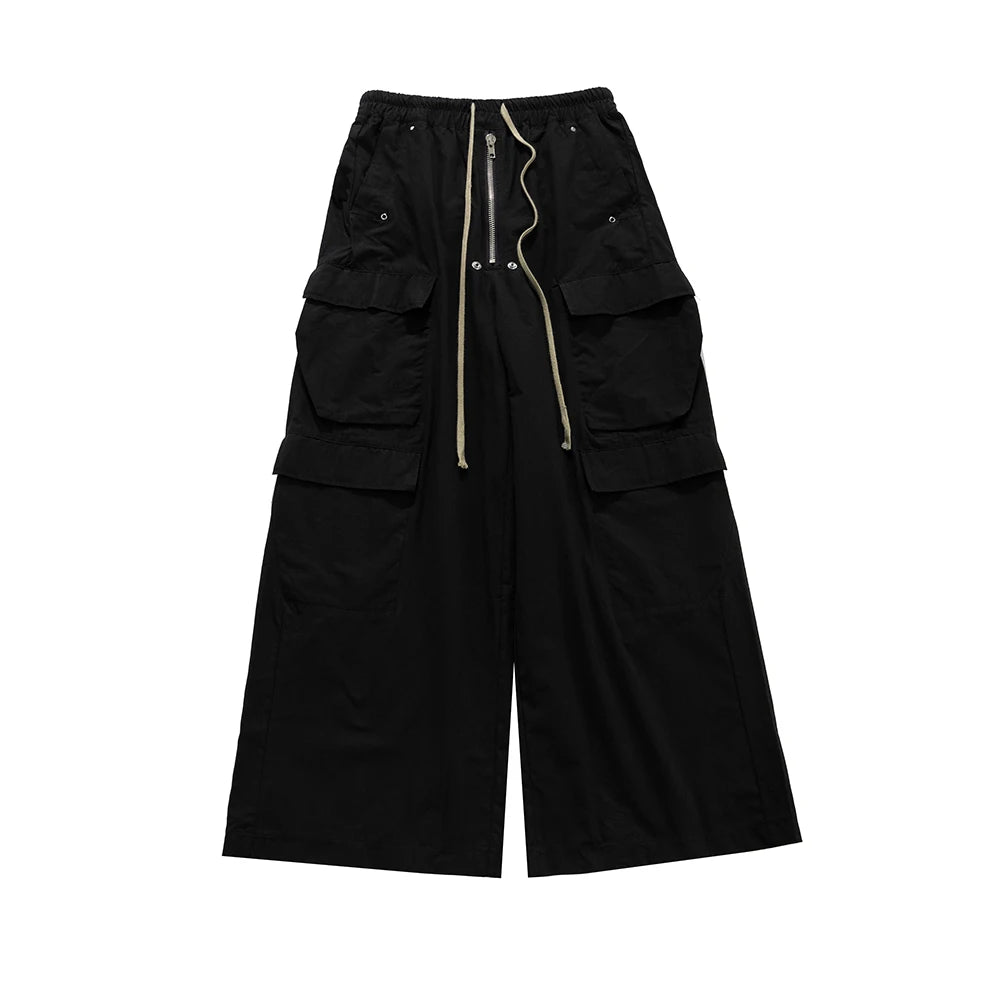 Ro Style Wide Leg Drawstring Black Cargo Pants Unisex Straight Baggy Casual Overalls Men's Streetwear Loose Oversized Trousers