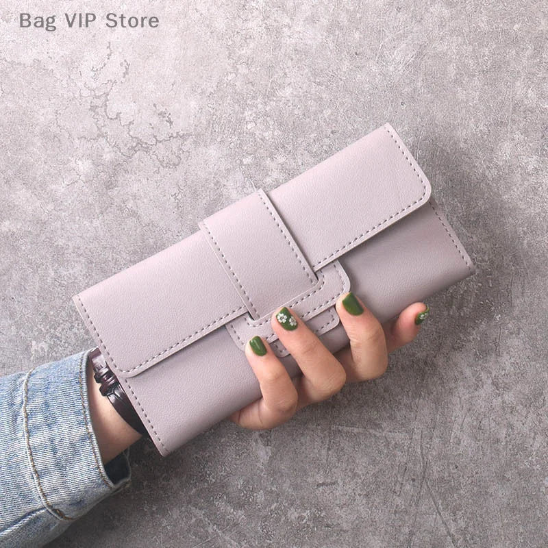 Solid Color PU Leather Women Wallet Luxury Long Hasp Fold-over Pattern Coin Purses Female Thin Clutch Phone Storage Bag Handbag