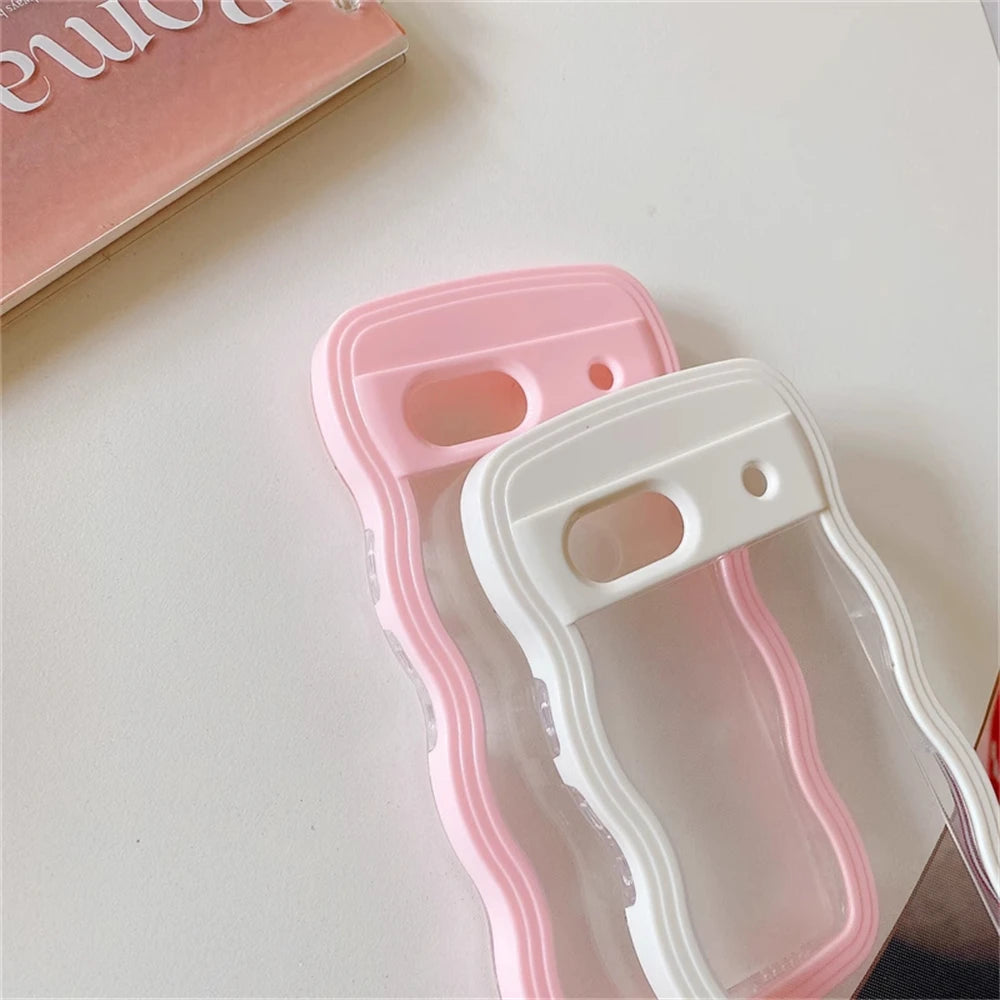 2IN1 Cute Curly Wavy Transparent Phone Case For Google Pixel 8A Korean Candy Color Shockproof Hard Cover For Google Pixel 7A