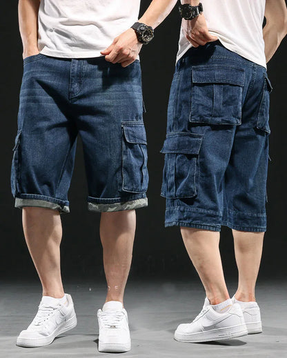 Men's Wide-leg Denim Shorts Multi Pocket 7 Point Work Cargo Jeans Shorts Fat Plus Size Denim Shorts Male