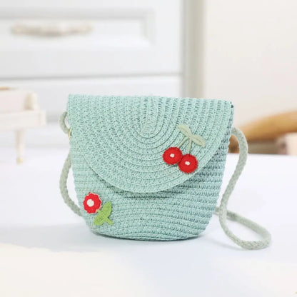 Cute Children's Woven Straw Bag Handmade Bucket Flower Shoulder Bag Woven Crossbody Bag Girls Key Coin Purse Bag