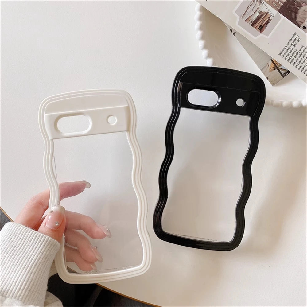 2IN1 Cute Curly Wavy Transparent Phone Case For Google Pixel 8A Korean Candy Color Shockproof Hard Cover For Google Pixel 7A