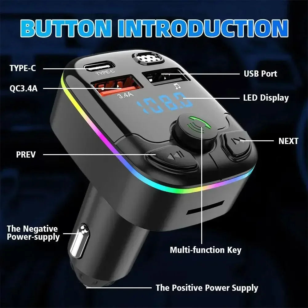 Bluetooth 5.0 Car FM Transmitter PD Type-C Dual USB Ambient Player MP3 Fast Charger Type-C Wireless Light Handsfree PD