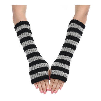 Women's Knitted Fingerless Arm Sleeves Gothic Style Striped Winter Long Arm Warmers Girls Harajuku Y2K Fashion Wrist Gloves