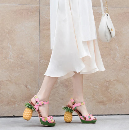 Summer Pink Pineapple Print Open-toe Platform Sandals Sweet Women High-heel Buckle Strappy Women Shoes Lovely Sandalias Mujer