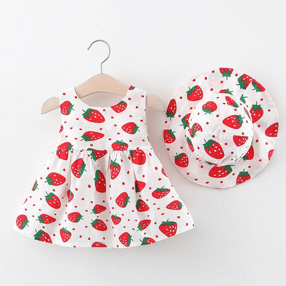 Baby Dress 2024 Summer New Girl's Sweet Bow Dress Children's Strawberry Print Small Fresh Casual Dress+Hat Children's Wear