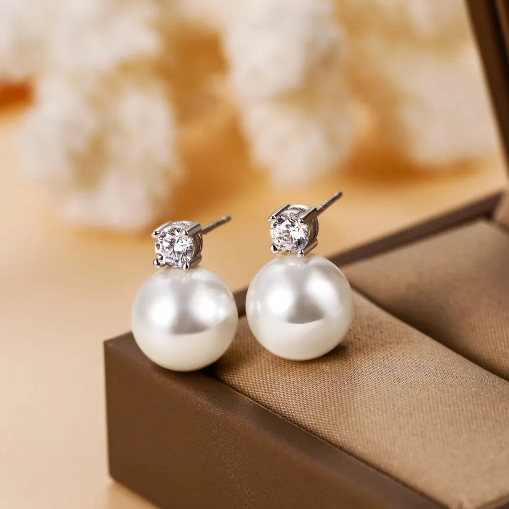 Trumium 10/12mm S925 Sterling Silver White Pearl Earrings for Women Zircon Stud Earring Fashion Jewelry Sweet Accessories