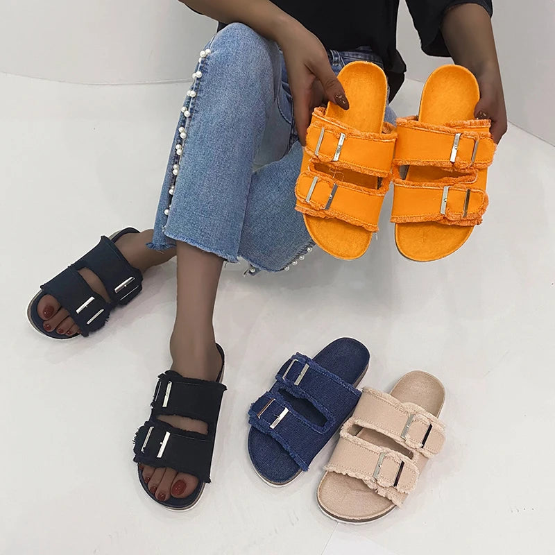 Women's Slippers Flat Bottom Slipper 2023 Summer New Line Slippers Large 43 Denim Leather Buckle Outside Sandals Sandalias