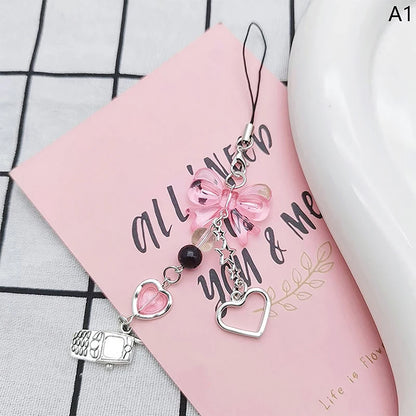 New Pink Y2K Phone Pendant Kawaii Women Love Bow Cartoon Charms Chain For Keys Bags Accessories Charms Phone Lanyard