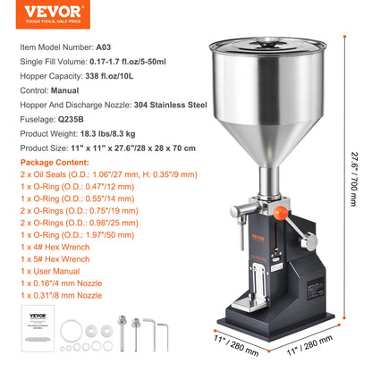 VEVOR A03 5-50ml/5-100ml Manual Liquid Filling Machine Paste Bottle Filler Adjustable with Hopper for Water Juice Shampoo Honey